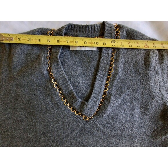 Zara women's sweater, V neck, Gray, Small, with Brass trim, neck & Cuffs - Picture 10 of 13